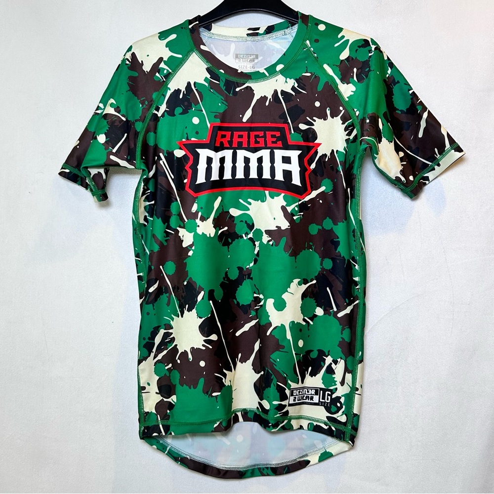 Rage MMA Camo/ Paint Splatter Performance Rash Guard Training Shirt Green Large